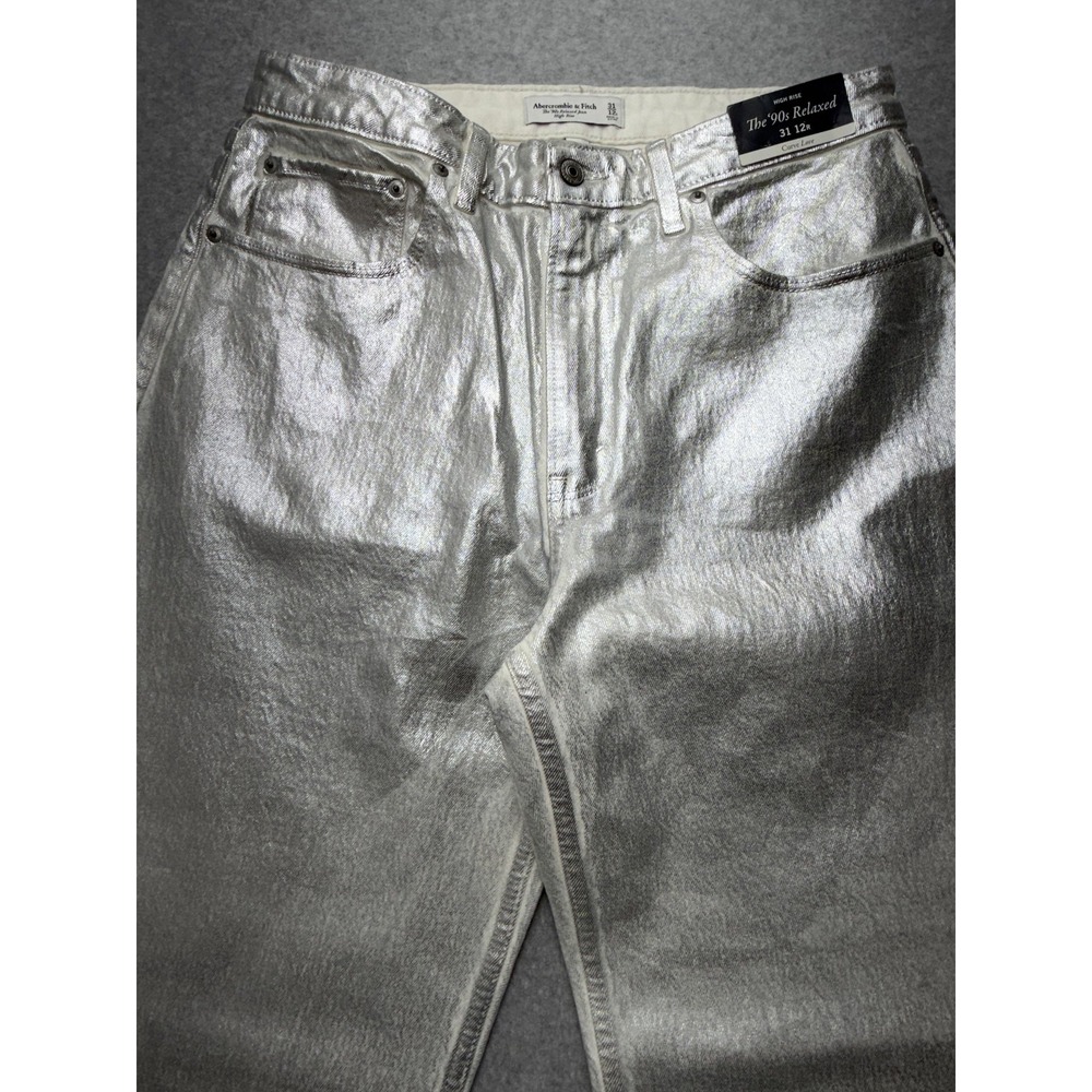 Abercrombie & Fitch 90s Relaxed High Rise Jeans Womens 31 12R Silver Metallic - Picture 3 of 15